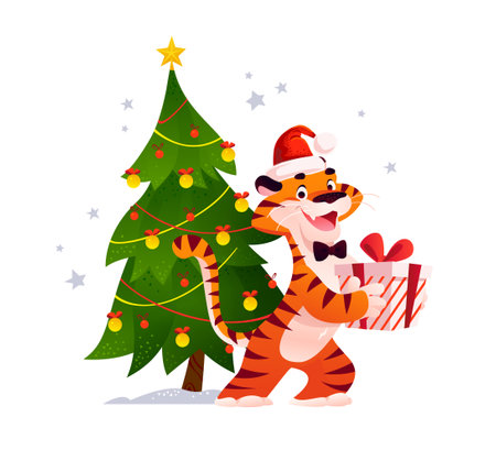 Vector flat cartoon illustration of new year and merry Christmas mascot tiger funny character with gift box at decorated xmas fir tree isolated. For banners, web, packaging, ads, cards etc.のイラスト素材