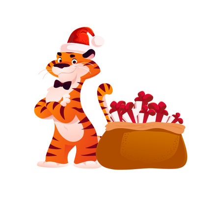 Vector flat cartoon illustration of new year and merry Christmas mascot tiger funny character in Santa hat with xmas presents isolated. For banners, web, packaging, ads, cards etc.のイラスト素材