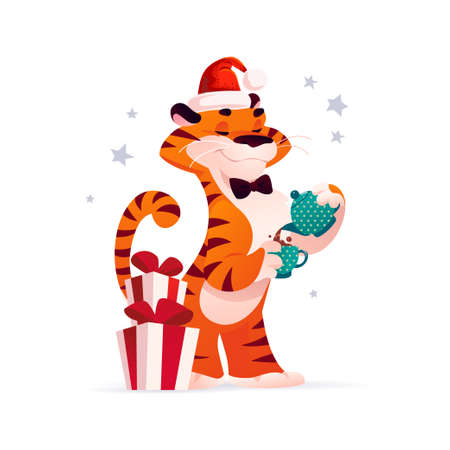 Vector flat cartoon illustration of new year and merry Christmas mascot tiger funny character in Santa hat with xmas presents and cup of hot chocolate isolated. For banners, web, packaging, ads, cardsのイラスト素材