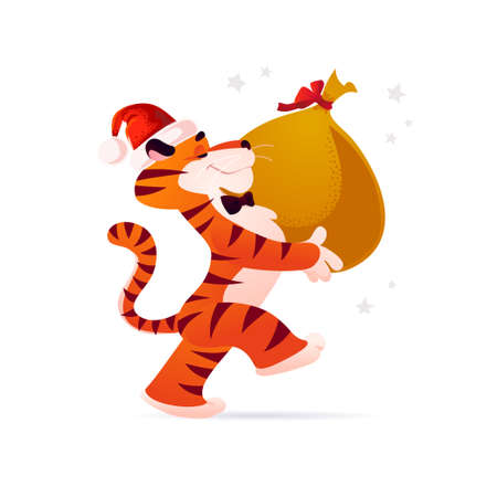 Cartoon illustration of new year and merry Christmas mascot tiger funny character in Santa hat carry big bag with xmas gifts isolated.のイラスト素材