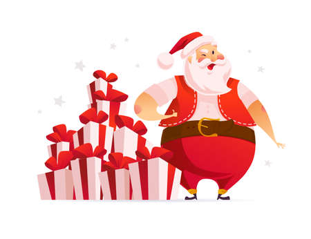 Funny Santa Claus character near big pile of Christmas gift boxes and presents isolated.のイラスト素材