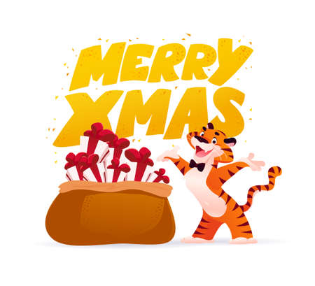 Cartoon illustration of new year and merry Christmas mascot tiger funny character with text congratulation and big gifts bag isolated.のイラスト素材