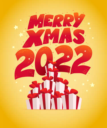 Merry xmas 2022 lettering congratulation design with pile of gift boxes isolated.のイラスト素材