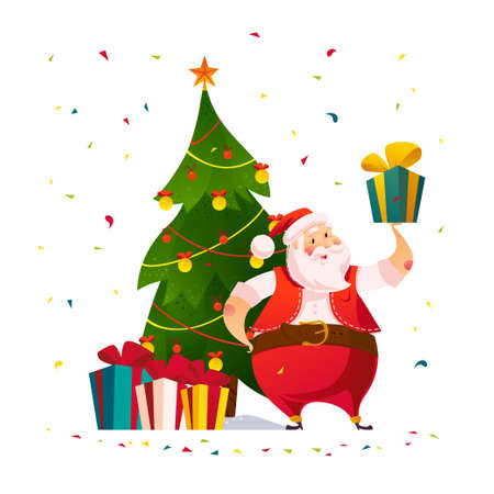 Funny Santa Claus character with gift boxes at decorated Christmas tree isolated.のイラスト素材