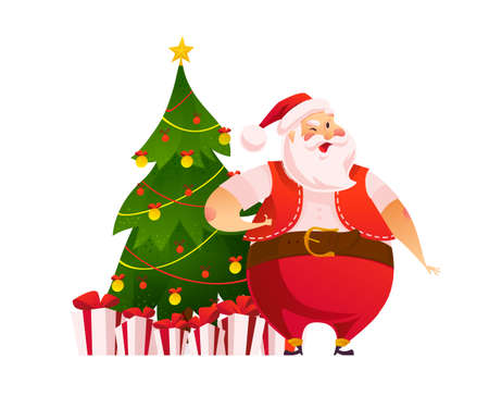 Funny Santa Claus character with Christmas gift boxes at beautiful decorated New Year fir tree isolated.のイラスト素材