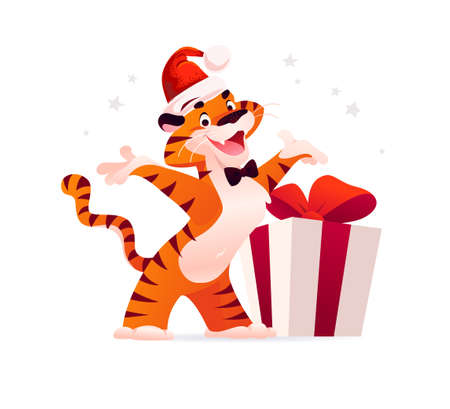 Cartoon illustration of new year and merry Christmas mascot tiger funny character in Santa hat with big xmas gift box isolated.のイラスト素材