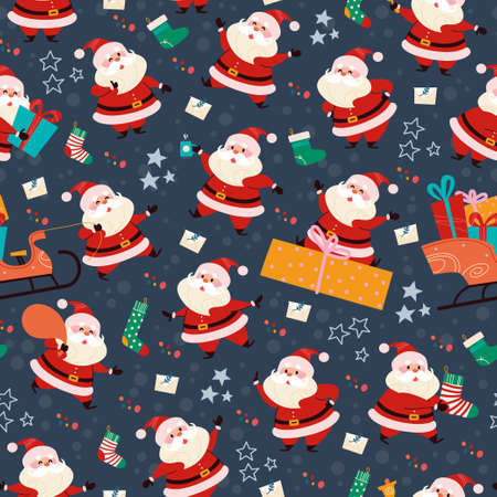 Pattern with funny different Santa Claus characters with gifts, stocking, presents bag, sleigh.のイラスト素材