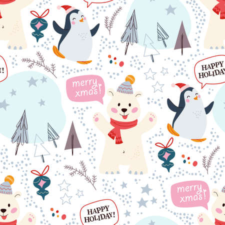 Pattern with funny polar bear and penguin characters in hats, abstract decor elements, fir trees.のイラスト素材