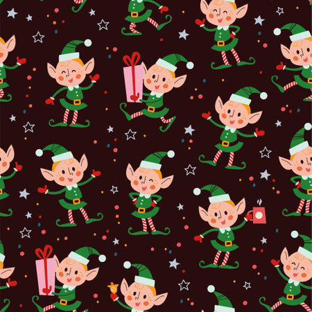 Pattern with funny santa elves characters in hats with gift box, ring bell, hot chocolate cup.のイラスト素材