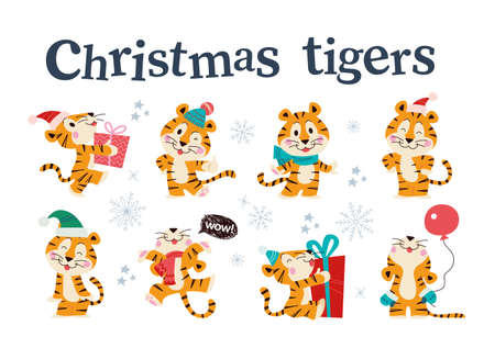 Set of cute little tigers with gift boxes, balloon in winter hat, scarf and gloves isolated. Vector flat cartoon illustration. For children holiday cards, patterns, prints, calendar, banner etc.のイラスト素材