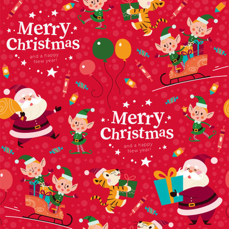 Pattern with Santa Claus, tiger, elves characters in a sleigh with Merry Christmas congratulation.のイラスト素材