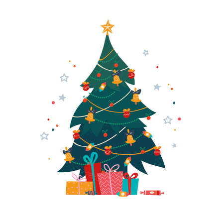 Christmas fir tree decorated with balls and toys and a pile of gift boxes, sweets and presents isolated. Vector flat cartoon illustration. For banners, cards, prints, web, advertising, patterns.のイラスト素材