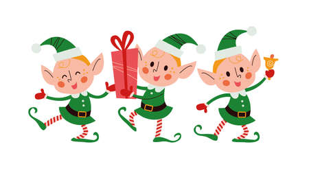 Set of different cute little Santa elves characters with gift box, ring bell, dance isolated. Vector flat cartoon illustration. For Christmas cards, patterns, banners, stickers.のイラスト素材