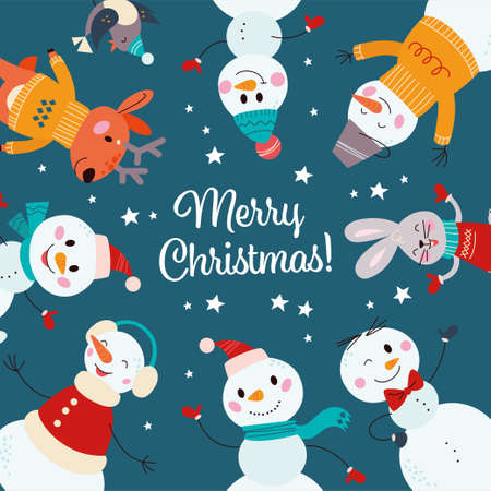 Round composition with funny animals and different snowman characters in hat, scarf, sweater isolated. Vector flat cartoon illustration. For card, party flayer, invitation, banner, packaging, pattern.のイラスト素材