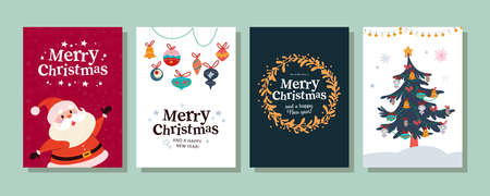 Collection of Merry Christmas congratulation cards with Santa Claus character, xmas toys, mistletoe wreath and decorated fir tree. Vector flat cartoon illustration. For invitation, tags, banners.のイラスト素材