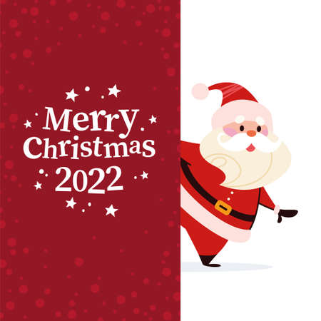 Christmas banner with cute happy winter Santa Claus character and text Merry Christmas greeting on red background. Vector flat illustration. For cards, packaging, web.のイラスト素材