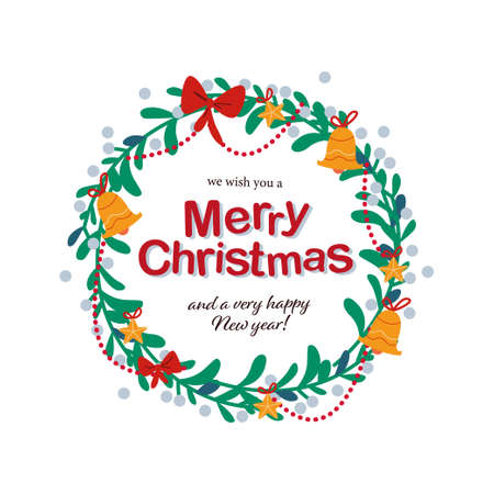 Merry Christmas and Happy New year congratulation inside mistletoe wreath design decorated with star toys, bows, bells, garlands. For cards, invitations, packaging, banners. Vector flat illustration.のイラスト素材