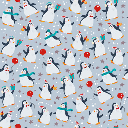 Seamless pattern with funny different penguin characters in hats with balloons isolated. For Christmas cards, invitations, packaging paper etc. Vector flat cartoon illustration.のイラスト素材