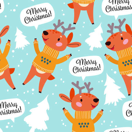 Seamless pattern with cute deer characters in sweater, Merry Christmas congratulation and white fir trees. For Christmas cards, invitations, packaging paper. Vector flat cartoon illustration.のイラスト素材