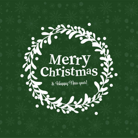 Merry Christmas and Happy New year congratulation inside white mistletoe wreath design on snowy background pattern. For cards, invitations, packaging paper etc. Vector flat illustration.のイラスト素材