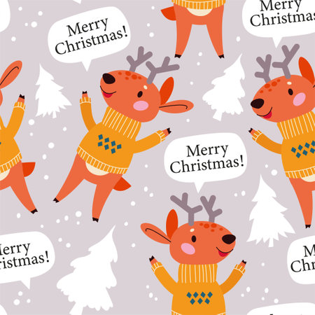 Seamless pattern with cute deer characters in sweater, Merry Christmas congratulation and white fir trees. For Christmas cards, invitations, packaging paper. Vector flat cartoon illustration.のイラスト素材