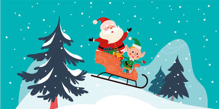 Winter holiday illustration with cute Santa Claus and elf characters sledding at snowy mountain landscape. Vector cartoon flat concept. For card, package, banner, invitation.のイラスト素材