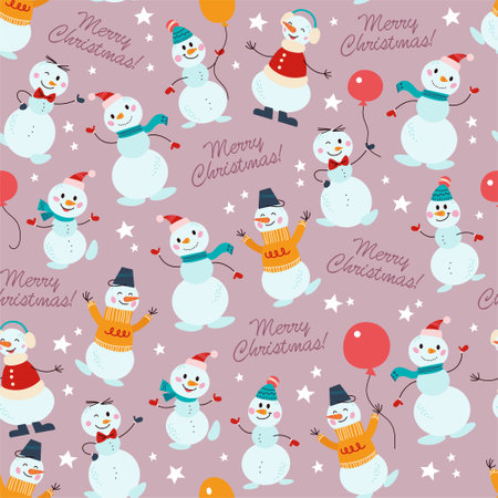 Seamless pattern with funny different snowman characters in hat, sweater, bow tie with balloon, hand writing isolated. For Christmas card, invitation, packaging paper. Vector flat cartoon illustrationのイラスト素材