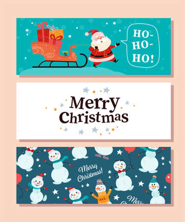 Collection of Merry Christmas congratulation cards with Santa Claus character, sleigh full of presents, snowmen pattern, handwriting. Vector flat cartoon illustration. For banner, flayer, invitation.のイラスト素材