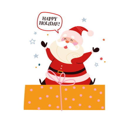 Funny cute Santa Claus character sit on big gift box celebrating happy holiday isolated. Vector flat cartoon illustration. For Christmas cards, banners, stickers, tags, packaging etc.のイラスト素材