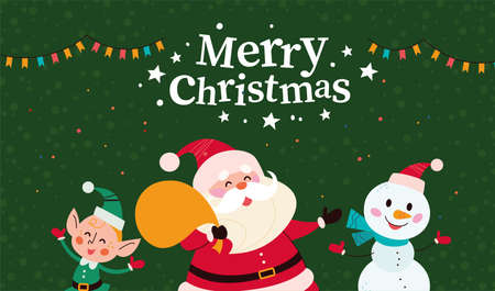 Christmas banner with cute happy winter characters. Santa Claus, snowman, elf and text Merry Christmas greeting. Vector flat illustration. For cards, packaging, web, invitation, banner.のイラスト素材