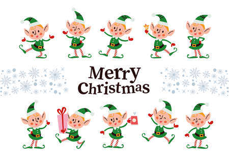 Set of different cute little Santa elves characters isolated. Elf carry gift box, drink hot chocolate, jump, wink, smile. Vector flat cartoon illustration. For Christmas card, pattern, banner, stickerのイラスト素材