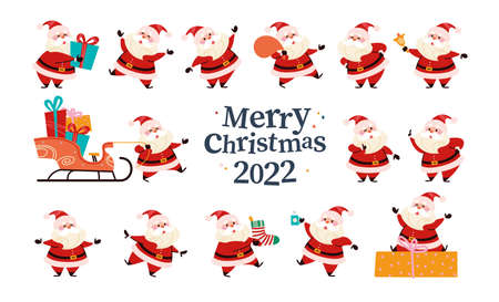 Set of funny Santa Claus characters carry gift box, presents bag and Christmas stocking, ring bell, wink, jump isolated. Vector flat cartoon illustration. For Christmas card, pattern, sticker, banner.のイラスト素材