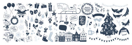 Merry Christmas elements set - Santa Claus, elf, fir tree, stocking, sleigh, gift, tiger character, decor balls isolated. Vector flat illustration. For cards, banners, prints, packaging, invitations.のイラスト素材