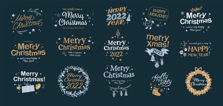 Merry Christmas and Happy New year congratulations designs with hand writing and holiday icons isolated. Vector flat illustration. For cards, banners, prints, packaging, invitations, tags.のイラスト素材