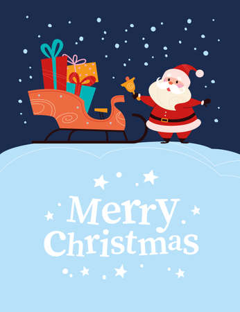 Funny cute Santa Claus character with sleigh full of gift boxes isolated. Vector flat cartoon illustration. For Christmas cards, banners, stickers, tags, packaging etc.のイラスト素材