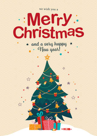 Merry Christmas and Happy New year congratulation card with text congratulation and pile of gifts and candy at decorated fir tree. Vector flat illustration for banner, invitation, package, flayer, webのイラスト素材