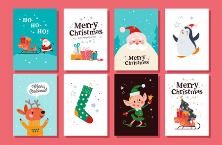 Collection of Merry Christmas congratulation cards with Santa Claus, reindeer, penguin, elf character, xmas stocking, sleigh full of gifts, fir tree. Vector flat cartoon illustration. For banner, tag.のイラスト素材