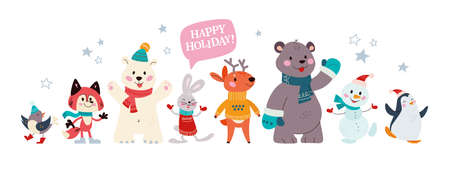 Christmas banner with group of cute winter animals. Polar bear, deer, penguin, fox, rabbit isolated. Vector flat cartoon illustration. For cards, invitations, placards, packaging.のイラスト素材
