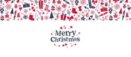 Merry Christmas banner with congratulation text and xmas icons ornament isolated. Vector flat illustration. For cards, banners, prints, packaging, invitations.のイラスト素材