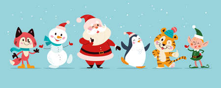 Christmas banner with cute happy winter characters. Santa Claus, elf, snowman, penguin, fox, tiger isolated. Vector flat cartoon illustration. For cards, packaging, web, invitation.のイラスト素材