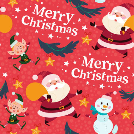 Seamless pattern with Santa Claus, snowman and happy elves characters in hats, fir tree branches, stars decor. For Christmas cards, invitations, packaging paper etc. Vector flat cartoon illustration.のイラスト素材