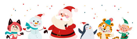 Christmas banner with cute happy winter characters. Santa Claus, elf, snowman, penguin, fox, tiger isolated. Vector flat cartoon illustration. For cards, packaging, web, invitation.のイラスト素材