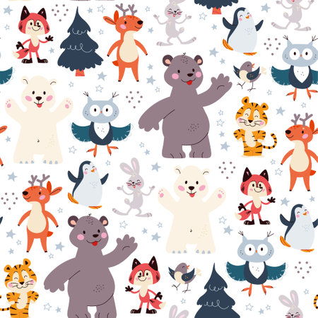 Seamless pattern with funny animals polar bear, penguin, owl, rabbit characters and fir trees isolated. For Christmas cards, invitations, packaging paper etc. Vector flat cartoon illustration.のイラスト素材