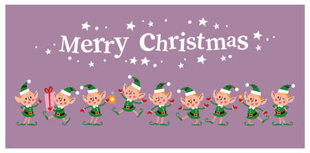 Set of different cute little Santa elves characters and Merry Christmas text congratulation isolated. Elf carry gift box, drink hot chocolate, jump, wink, smile. Vector flat cartoon illustration.のイラスト素材