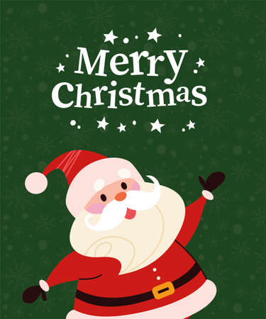 Christmas banner with cute happy winter Santa Claus character and text Merry Christmas greeting on green snowy background. Vector flat illustration. For cards, packaging, web, invitation.のイラスト素材