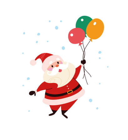 Funny cute Santa Claus character with balloons and snowflakes flying isolated. Vector flat cartoon illustration. For Christmas cards, banners, stickers, tags, patterns etc.のイラスト素材