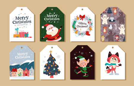 Collection of Merry Christmas congratulation tags and stickers with Santa Claus, elf, fox character, fir tree, winter village, gifts, xmas wreath and animal pattern. Vector flat cartoon illustration.のイラスト素材