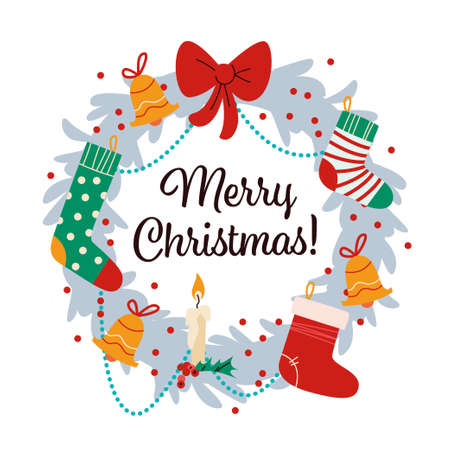 Merry Christmas hind written congratulation inside mistletoe wreath decorated with xmas stocking, bells and candles. For cards, invitations, packaging, banners etc. Vector flat illustration.のイラスト素材