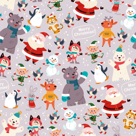 Seamless pattern with funny polar bear, penguin, deer, fox, snowman, Santa Claus, elf characters in hats. For Christmas cards, invitations, packaging paper etc. Vector flat cartoon illustration.のイラスト素材