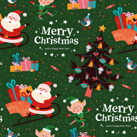 Seamless pattern with funny Santa Claus and elf characters, gifts, fir tree, text congratulation. For Christmas cards, invitations, packaging paper etc. Vector flat cartoon illustration.のイラスト素材